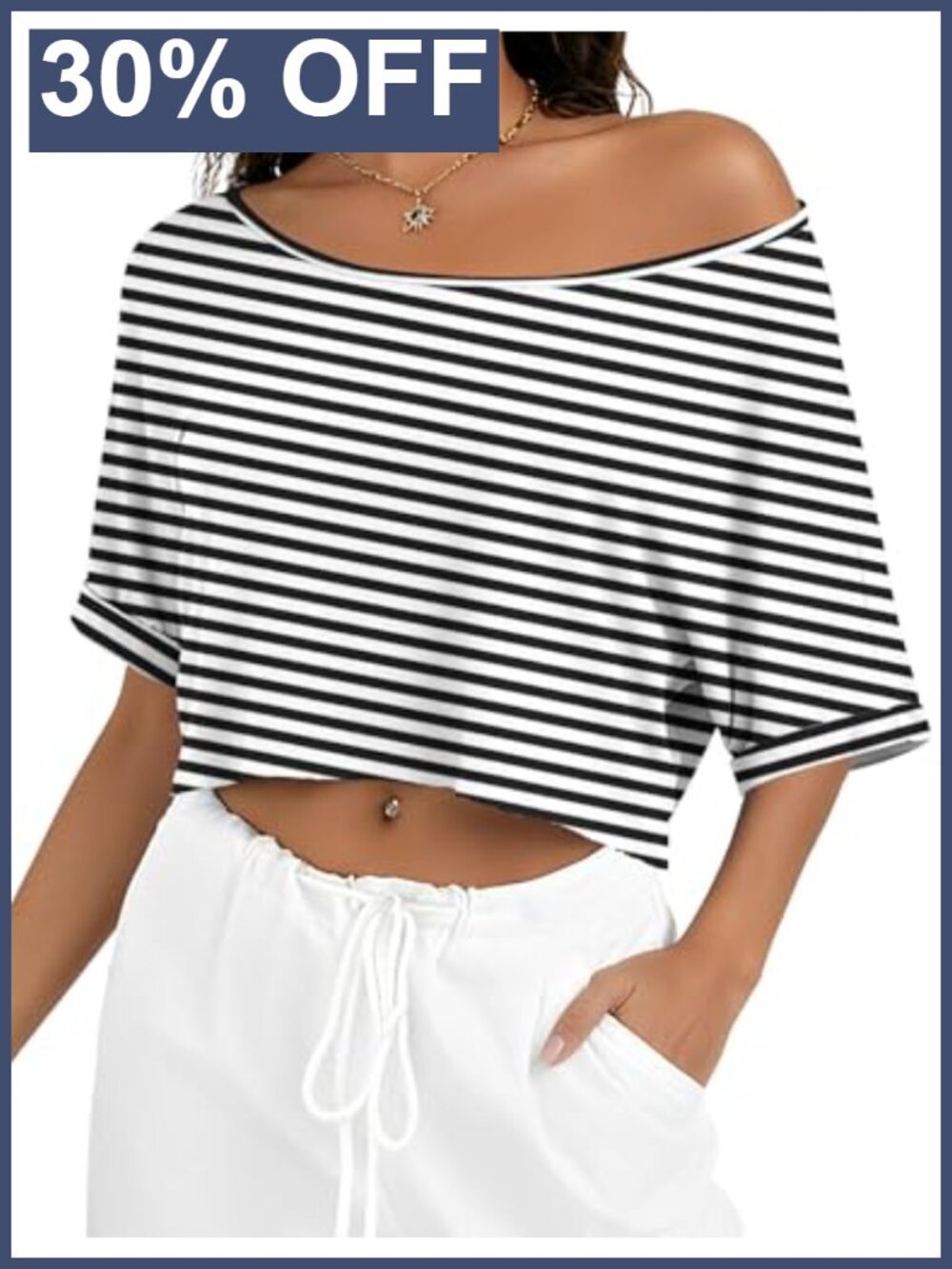 Off Shoulder Cropped T Shirt Short Sleeve Asymmetrical Neck Women